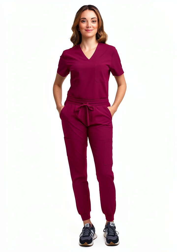 Green Town medical scrub set showing V-neck top and jogger pants