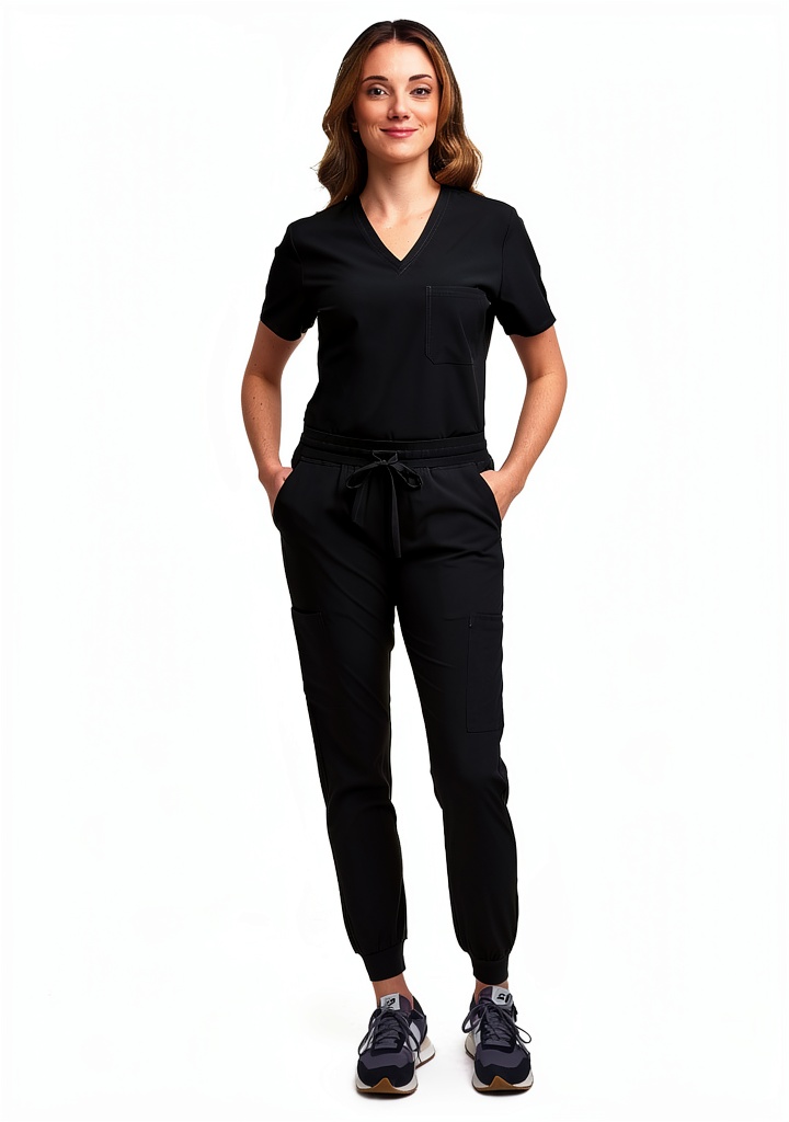 Green Town medical scrub set showing V-neck top and jogger pants