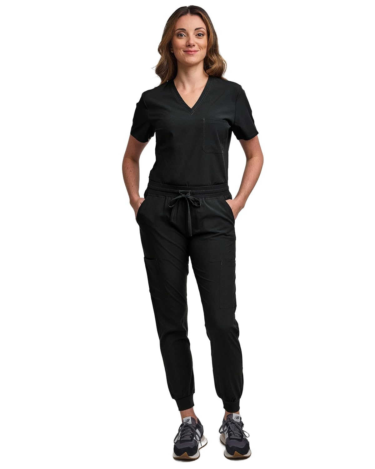 Green Town Women's Medical Scrub Set Slim Fit V-Neck displayed on a hospital locker room shelf