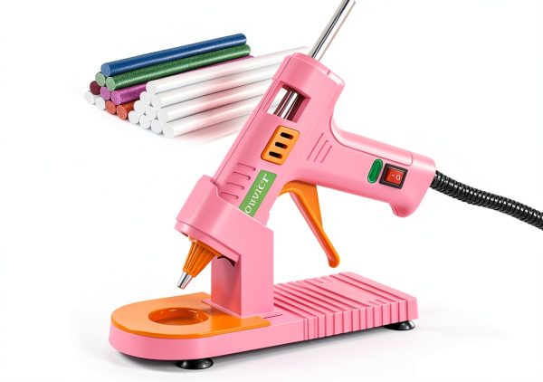 MONVICT Pink Hot Glue Gun Kit, Mini Glue Gun with Suction Cups Stand Anti Stick Silicone Mat, Hot Melt Glue Gun with Fine Tip & 30 Glue Sticks, On/Off Switch Design for DIY, Craft, Home School Project-0