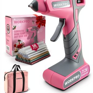 Cordless Hot Glue Gun WORKPRO 7.2V with 50 Mini Glue Sticks Pink-0