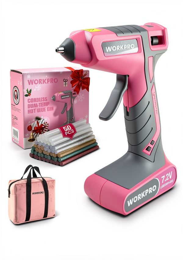 Cordless Hot Glue Gun WORKPRO 7.2V with 50 Mini Glue Sticks Pink-0